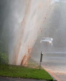 A sudden water main break causing a high-pressure water geyser on a road.