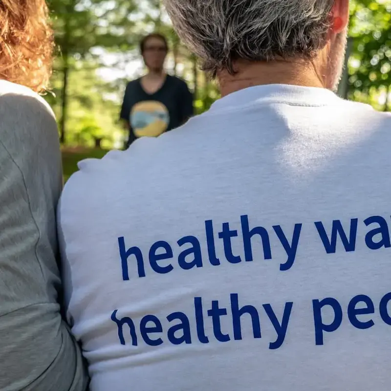 Advocacy for Clean Water. Close-up of a T-shirt with the slogan "healthy water, healthy people".