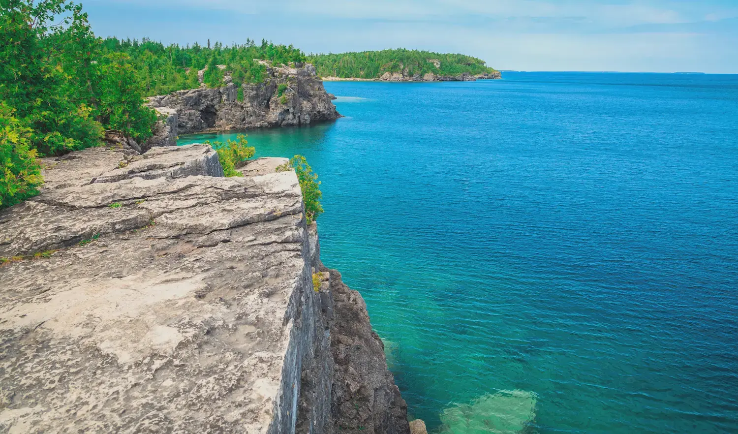 Paysage vibrant mettant en valeur les falaises spectaculaires du lac Huron, soulignées par une verdure luxuriante et des eaux d'un bleu profond sous un ciel limpide.