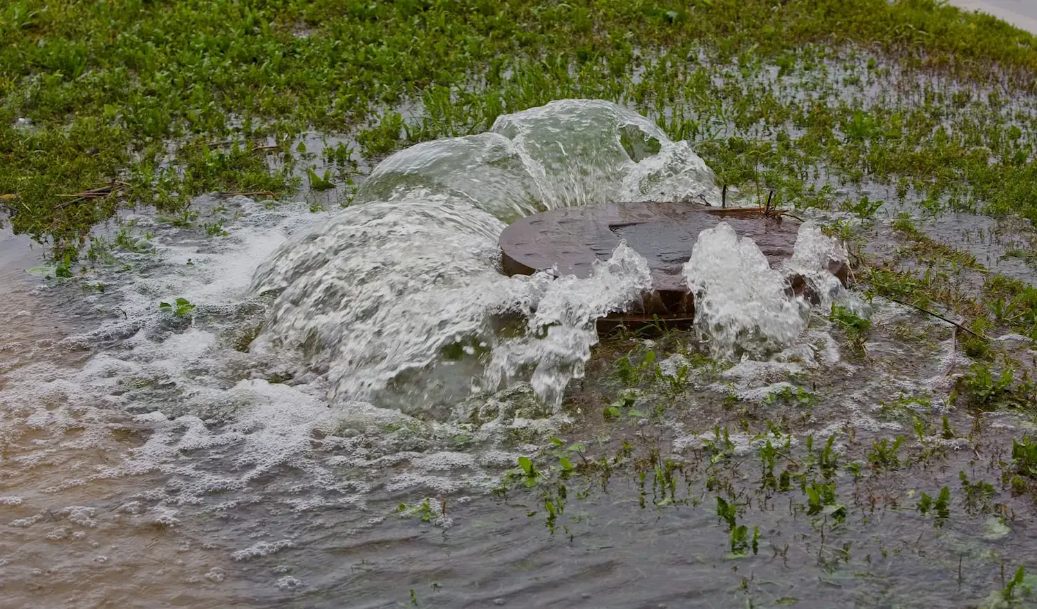 Eau débordant d'un égout lors d'une inondation.