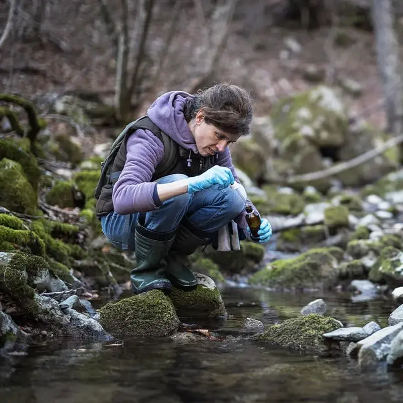 A scientist collects water samples from a stream for environmental analysis.