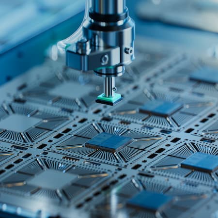 A robotic arm assembling semiconductor chips on a circuit board in a high-tech manufacturing facility, symbolizing precision engineering and modern technology.