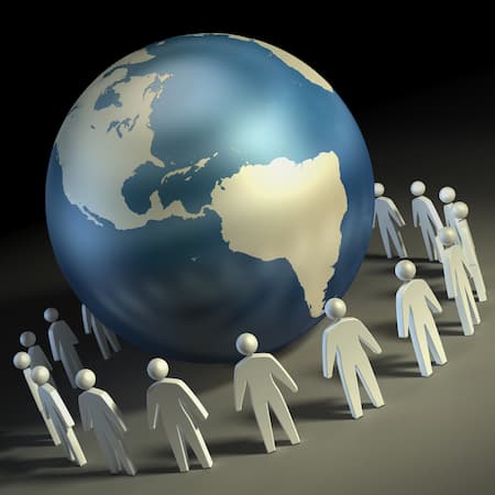 A group of stylized human figures standing around a large globe, symbolizing workforce migration.